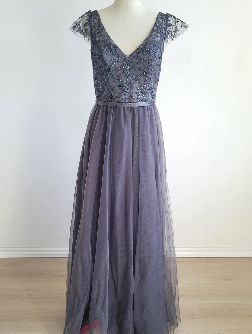 Morilee Madeline Gardner Beaded Lace Tulle Gown | Charcoal Grey | Size 8